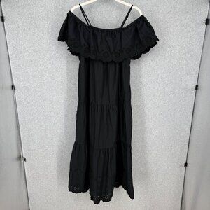Old Navy Cold Shoulder Maxi Swing Dress Size M Black Embroidered Dark Tiered EUC